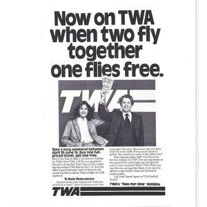 TWA Two for One Holiday Flight Airlines Advert 1970s Vintage Print Ad 9 inch